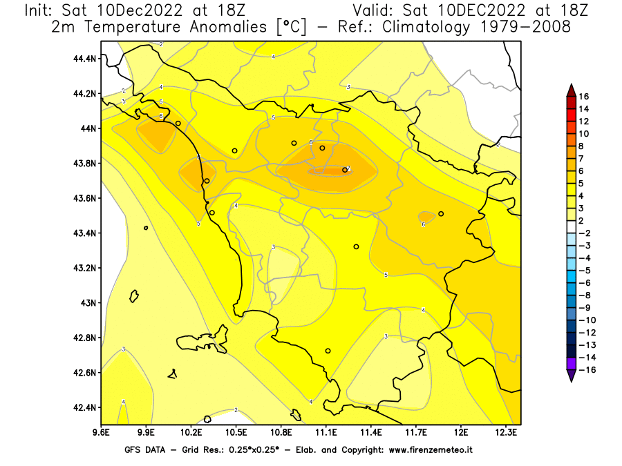 Mappa di analisi GFS - Anomalia Temperatura [°C] a 2 m in Toscana
							del 10/12/2022 18 <!--googleoff: index-->UTC<!--googleon: index-->