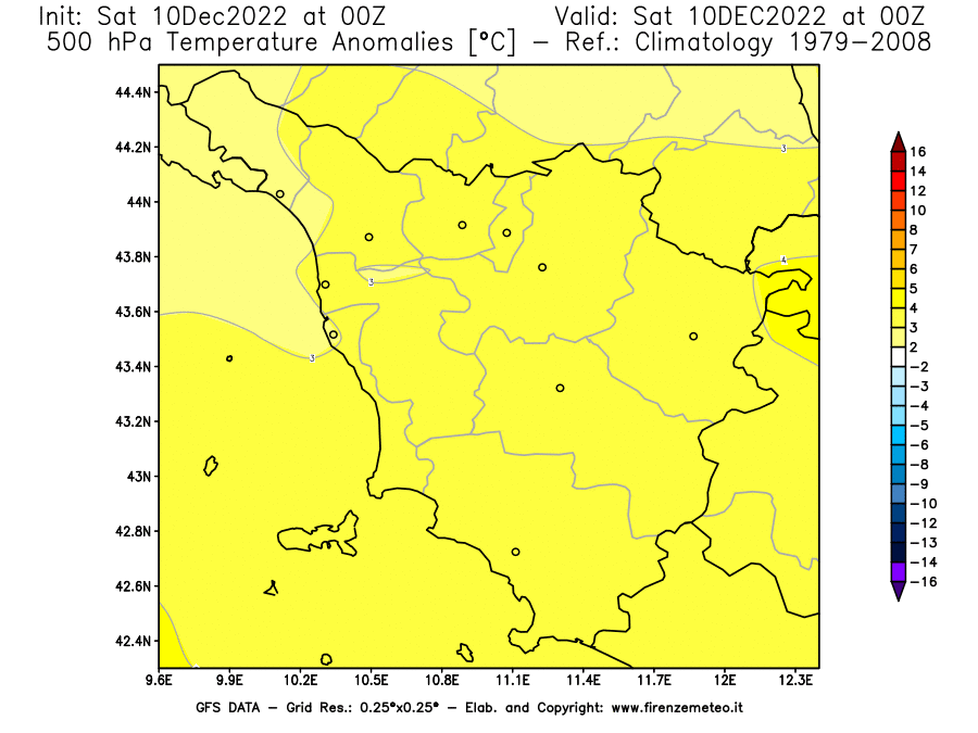 Mappa di analisi GFS - Anomalia Temperatura [°C] a 500 hPa in Toscana
							del 10/12/2022 00 <!--googleoff: index-->UTC<!--googleon: index-->