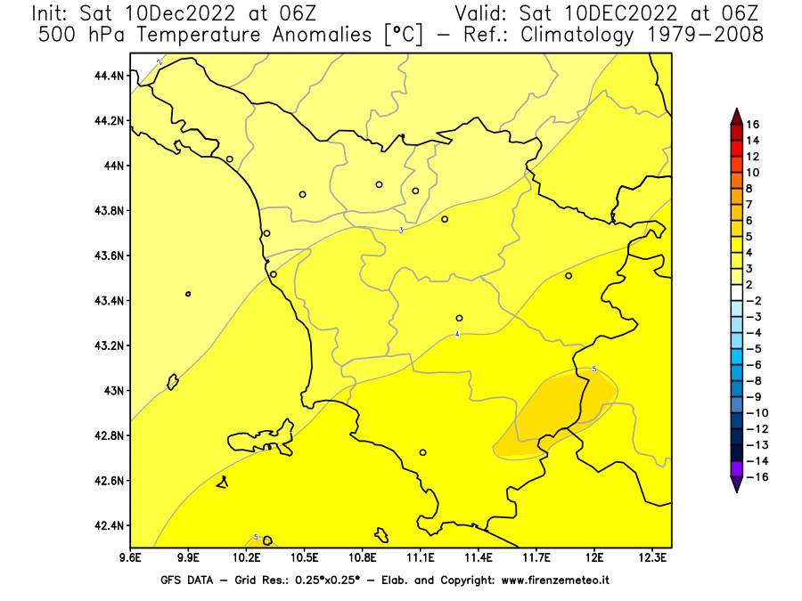Mappa di analisi GFS - Anomalia Temperatura [°C] a 500 hPa in Toscana
							del 10/12/2022 06 <!--googleoff: index-->UTC<!--googleon: index-->