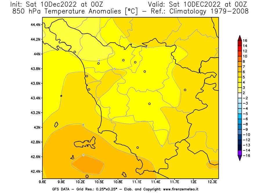 Mappa di analisi GFS - Anomalia Temperatura [°C] a 850 hPa in Toscana
							del 10/12/2022 00 <!--googleoff: index-->UTC<!--googleon: index-->