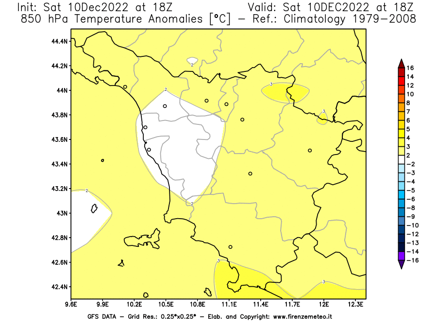 Mappa di analisi GFS - Anomalia Temperatura [°C] a 850 hPa in Toscana
							del 10/12/2022 18 <!--googleoff: index-->UTC<!--googleon: index-->