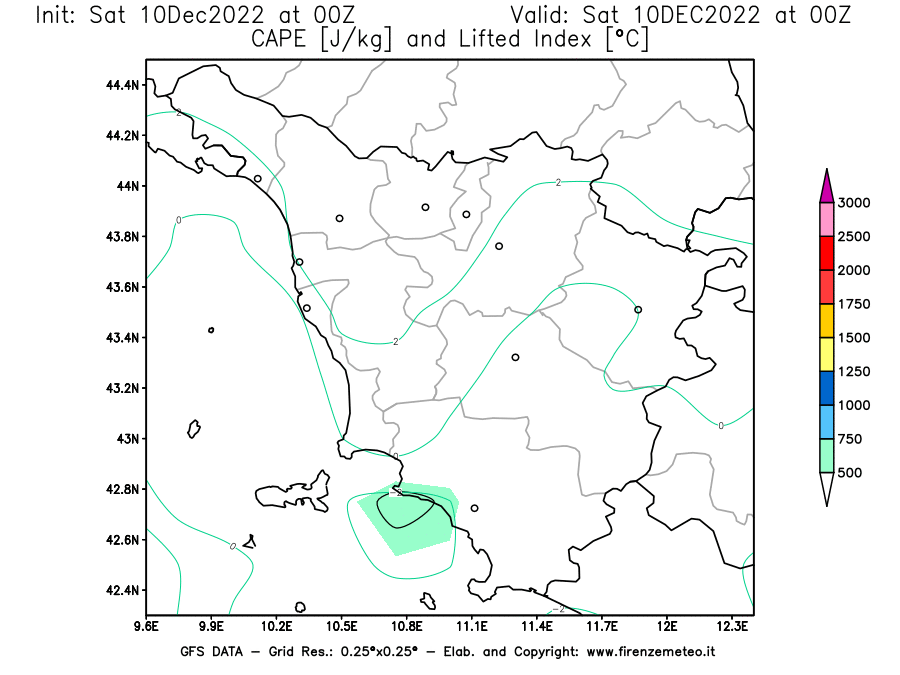 Mappa di analisi GFS - CAPE [J/kg] e Lifted Index [°C] in Toscana
							del 10/12/2022 00 <!--googleoff: index-->UTC<!--googleon: index-->