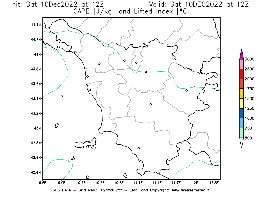 Mappa di analisi GFS - CAPE [J/kg] e Lifted Index [°C] in Toscana
							del 10/12/2022 12 <!--googleoff: index-->UTC<!--googleon: index-->