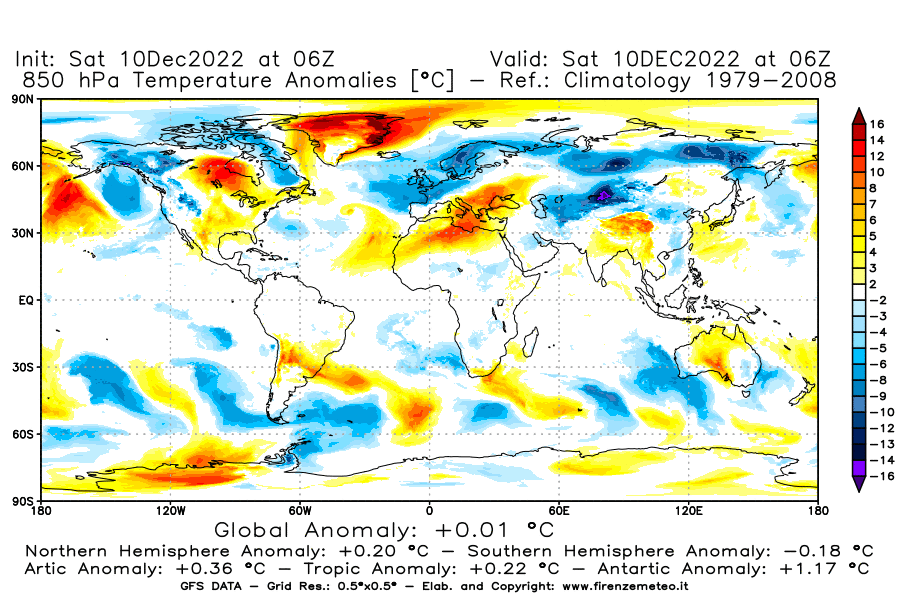 Mappa di analisi GFS - Anomalia Temperatura [°C] a 850 hPa in World
							del 10/12/2022 06 <!--googleoff: index-->UTC<!--googleon: index-->