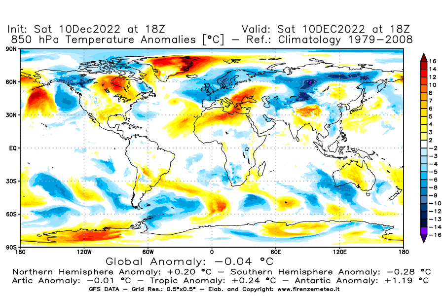 Mappa di analisi GFS - Anomalia Temperatura [°C] a 850 hPa in World
							del 10/12/2022 18 <!--googleoff: index-->UTC<!--googleon: index-->