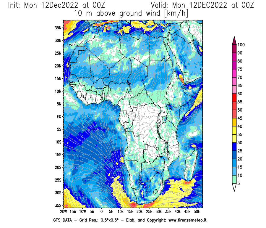 Mappa di analisi GFS - Velocità del vento a 10 metri dal suolo [km/h] in Africa
							del 12/12/2022 00 <!--googleoff: index-->UTC<!--googleon: index-->