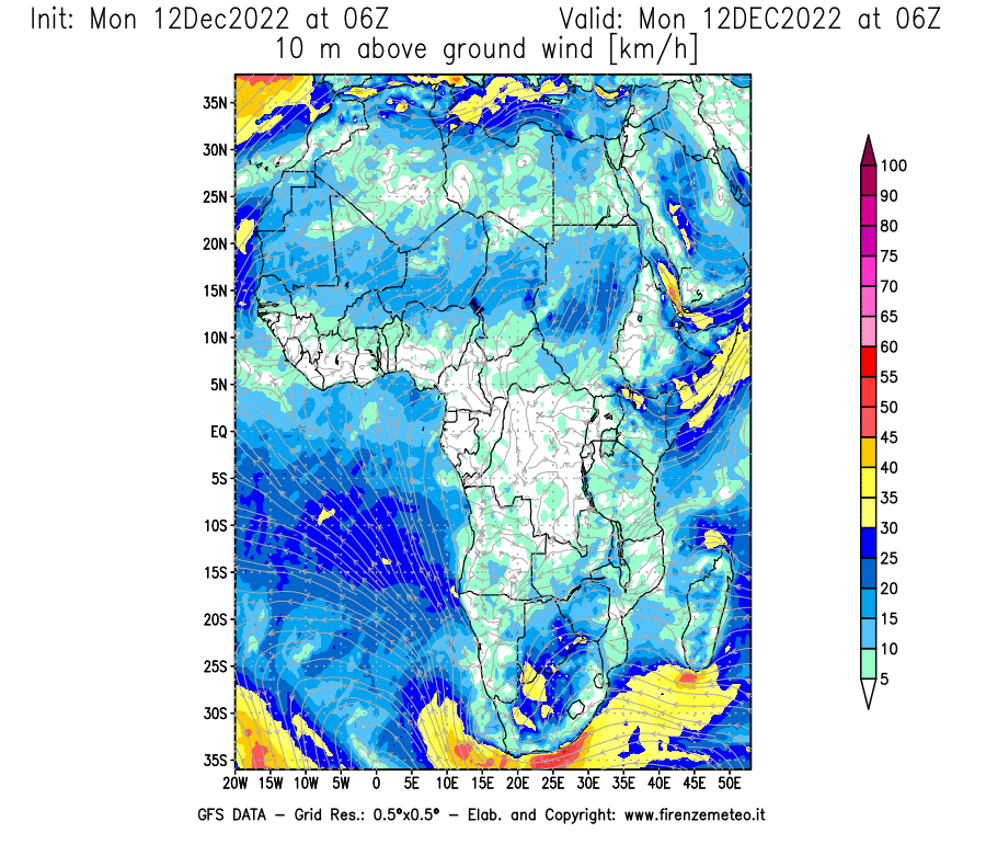 Mappa di analisi GFS - Velocità del vento a 10 metri dal suolo [km/h] in Africa
							del 12/12/2022 06 <!--googleoff: index-->UTC<!--googleon: index-->