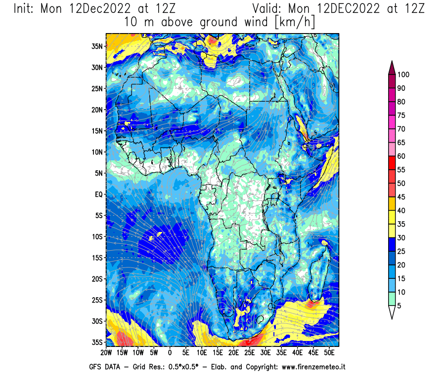 Mappa di analisi GFS - Velocità del vento a 10 metri dal suolo [km/h] in Africa
							del 12/12/2022 12 <!--googleoff: index-->UTC<!--googleon: index-->