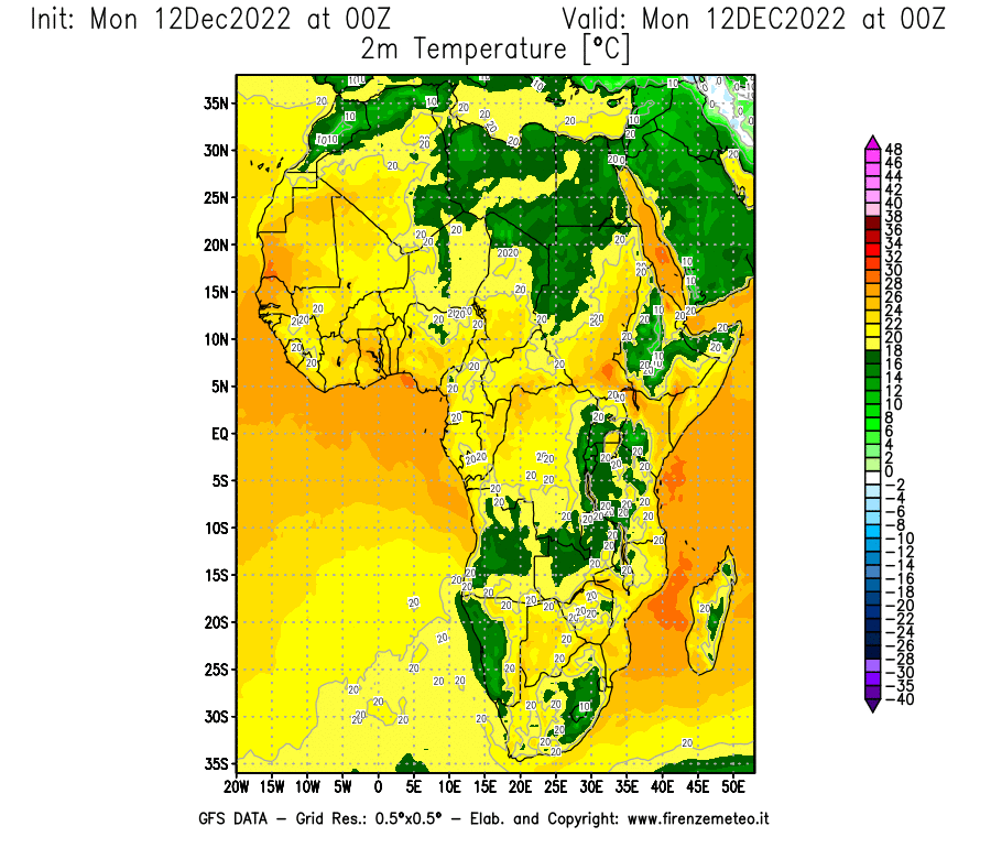 Mappa di analisi GFS - Temperatura a 2 metri dal suolo [°C] in Africa
							del 12/12/2022 00 <!--googleoff: index-->UTC<!--googleon: index-->