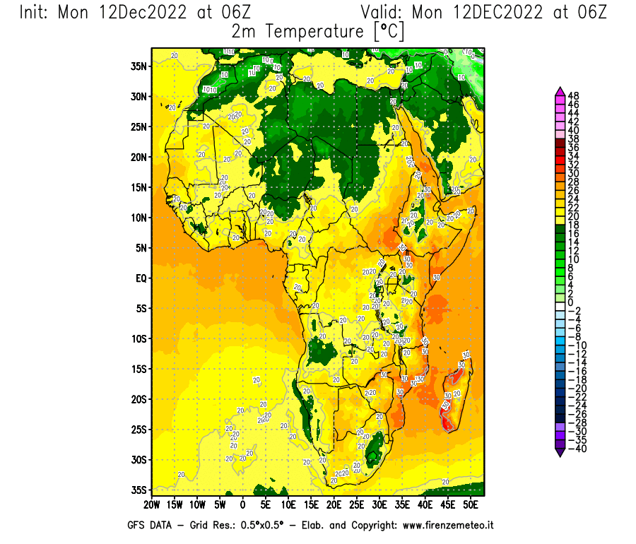 Mappa di analisi GFS - Temperatura a 2 metri dal suolo [°C] in Africa
							del 12/12/2022 06 <!--googleoff: index-->UTC<!--googleon: index-->