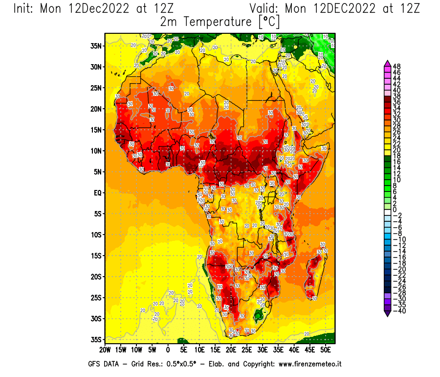 Mappa di analisi GFS - Temperatura a 2 metri dal suolo [°C] in Africa
							del 12/12/2022 12 <!--googleoff: index-->UTC<!--googleon: index-->
