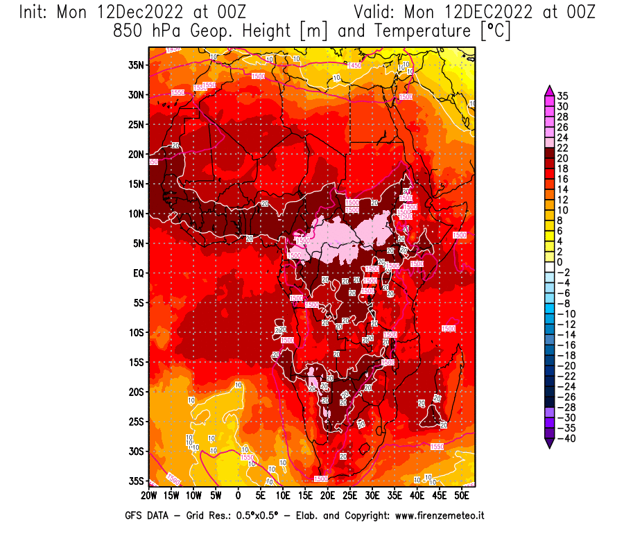 Mappa di analisi GFS - Geopotenziale [m] e Temperatura [°C] a 850 hPa in Africa
							del 12/12/2022 00 <!--googleoff: index-->UTC<!--googleon: index-->