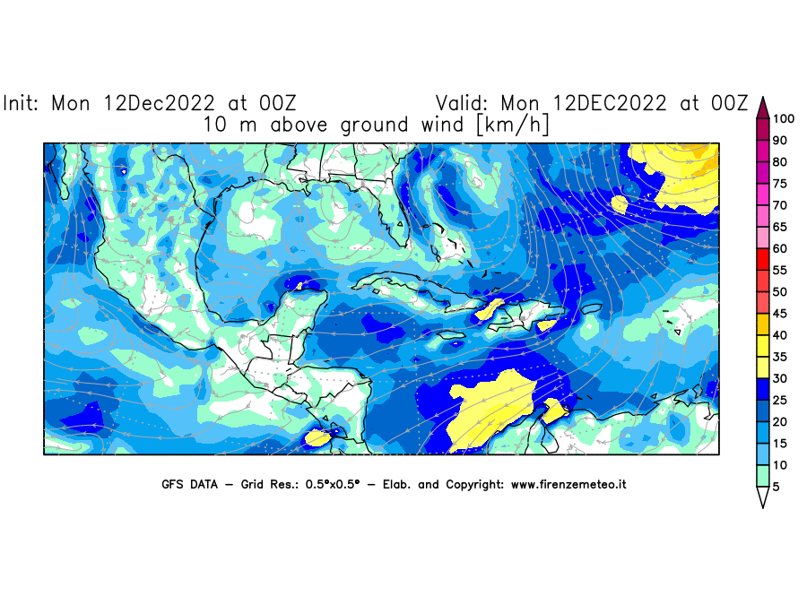 Mappa di analisi GFS - Velocità del vento a 10 metri dal suolo [km/h] in Centro-America
							del 12/12/2022 00 <!--googleoff: index-->UTC<!--googleon: index-->