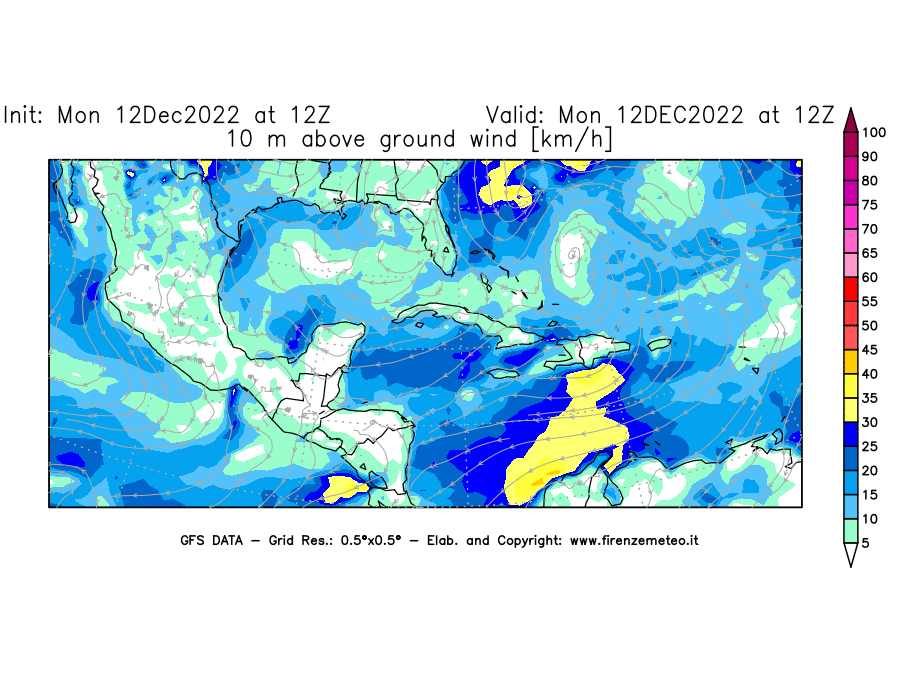 Mappa di analisi GFS - Velocità del vento a 10 metri dal suolo [km/h] in Centro-America
							del 12/12/2022 12 <!--googleoff: index-->UTC<!--googleon: index-->