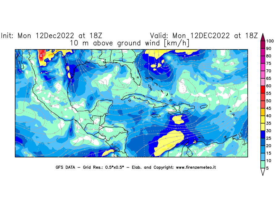 Mappa di analisi GFS - Velocità del vento a 10 metri dal suolo [km/h] in Centro-America
							del 12/12/2022 18 <!--googleoff: index-->UTC<!--googleon: index-->
