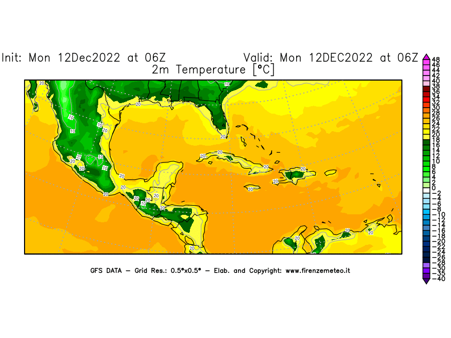 Mappa di analisi GFS - Temperatura a 2 metri dal suolo [°C] in Centro-America
							del 12/12/2022 06 <!--googleoff: index-->UTC<!--googleon: index-->
