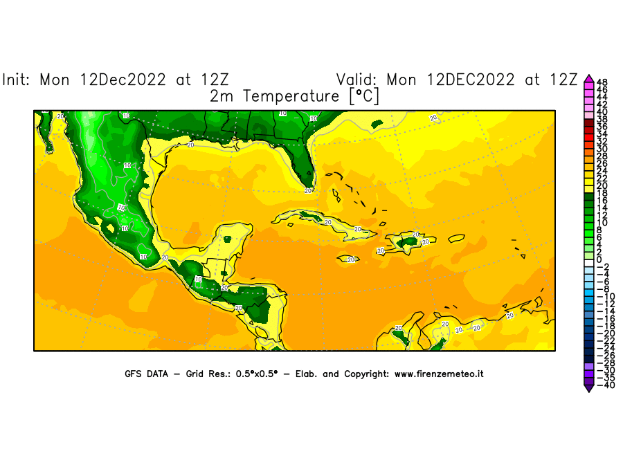 Mappa di analisi GFS - Temperatura a 2 metri dal suolo [°C] in Centro-America
							del 12/12/2022 12 <!--googleoff: index-->UTC<!--googleon: index-->
