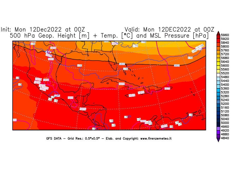 Mappa di analisi GFS - Geopotenziale [m] + Temp. [°C] a 500 hPa + Press. a livello del mare [hPa] in Centro-America
							del 12/12/2022 00 <!--googleoff: index-->UTC<!--googleon: index-->