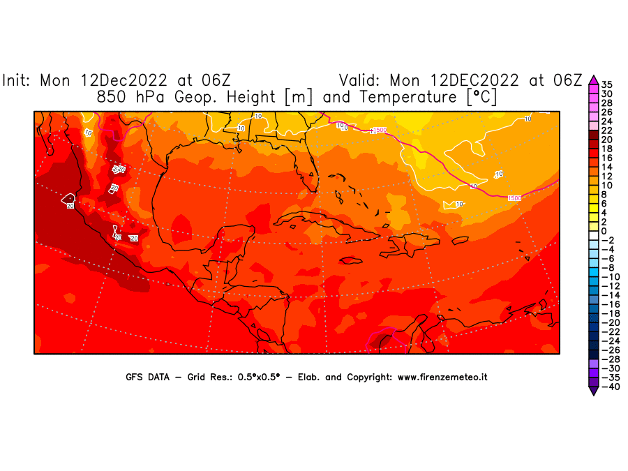Mappa di analisi GFS - Geopotenziale [m] e Temperatura [°C] a 850 hPa in Centro-America
							del 12/12/2022 06 <!--googleoff: index-->UTC<!--googleon: index-->