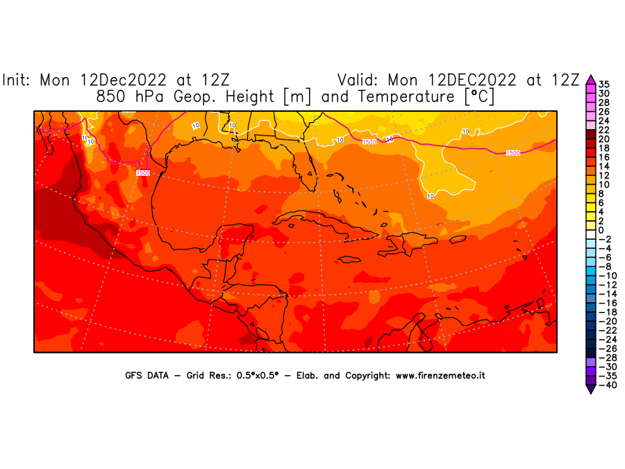 Mappa di analisi GFS - Geopotenziale [m] e Temperatura [°C] a 850 hPa in Centro-America
							del 12/12/2022 12 <!--googleoff: index-->UTC<!--googleon: index-->