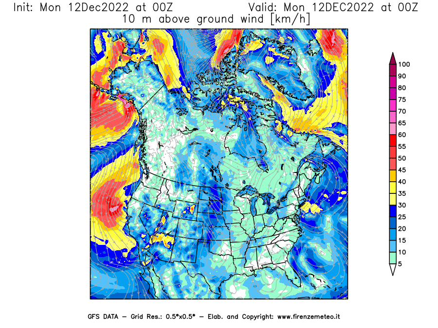 Mappa di analisi GFS - Velocità del vento a 10 metri dal suolo [km/h] in Nord-America
							del 12/12/2022 00 <!--googleoff: index-->UTC<!--googleon: index-->