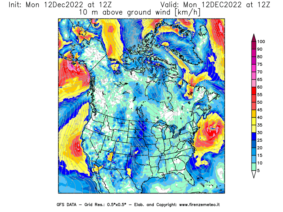 Mappa di analisi GFS - Velocità del vento a 10 metri dal suolo [km/h] in Nord-America
							del 12/12/2022 12 <!--googleoff: index-->UTC<!--googleon: index-->
