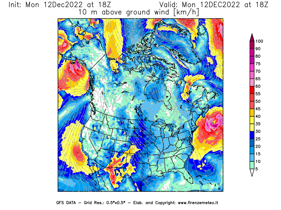 Mappa di analisi GFS - Velocità del vento a 10 metri dal suolo [km/h] in Nord-America
							del 12/12/2022 18 <!--googleoff: index-->UTC<!--googleon: index-->