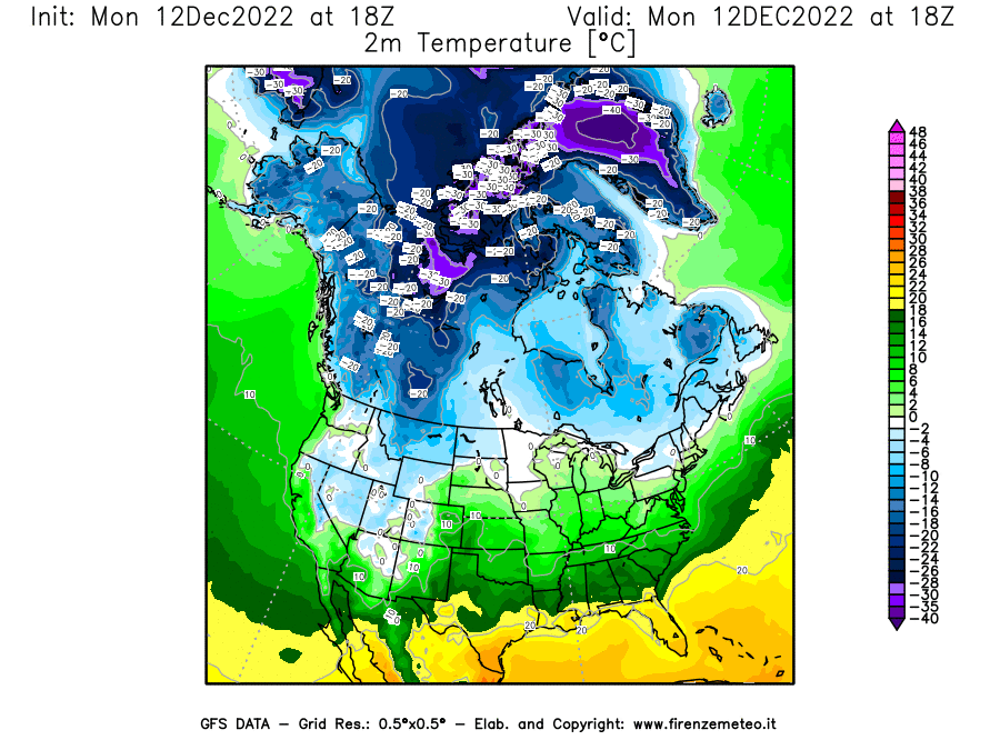 Mappa di analisi GFS - Temperatura a 2 metri dal suolo [°C] in Nord-America
							del 12/12/2022 18 <!--googleoff: index-->UTC<!--googleon: index-->