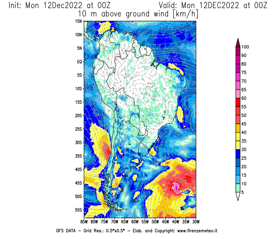 Mappa di analisi GFS - Velocità del vento a 10 metri dal suolo [km/h] in Sud-America
							del 12/12/2022 00 <!--googleoff: index-->UTC<!--googleon: index-->