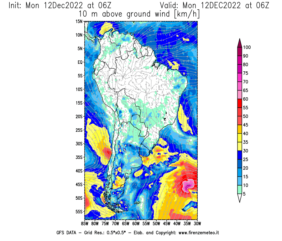 Mappa di analisi GFS - Velocità del vento a 10 metri dal suolo [km/h] in Sud-America
							del 12/12/2022 06 <!--googleoff: index-->UTC<!--googleon: index-->