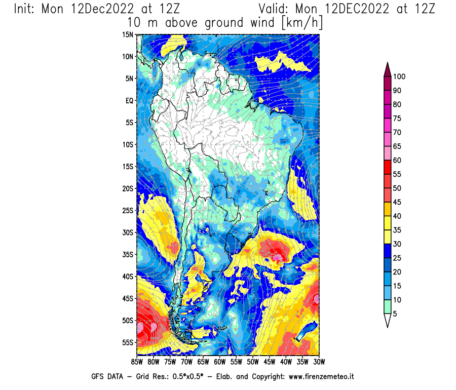 Mappa di analisi GFS - Velocità del vento a 10 metri dal suolo [km/h] in Sud-America
							del 12/12/2022 12 <!--googleoff: index-->UTC<!--googleon: index-->