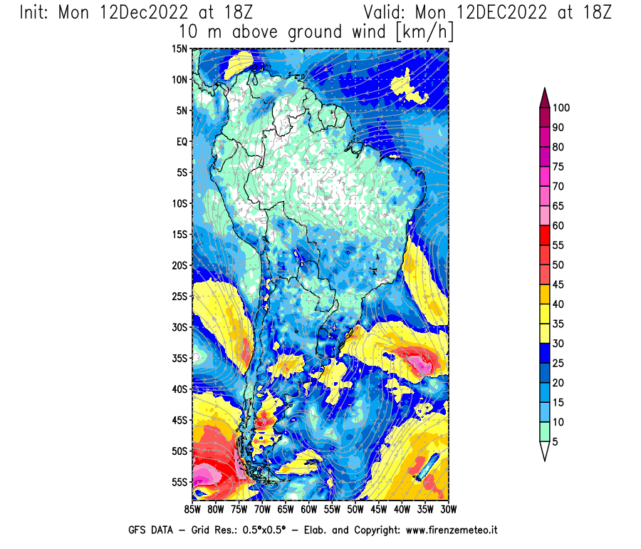 Mappa di analisi GFS - Velocità del vento a 10 metri dal suolo [km/h] in Sud-America
							del 12/12/2022 18 <!--googleoff: index-->UTC<!--googleon: index-->
