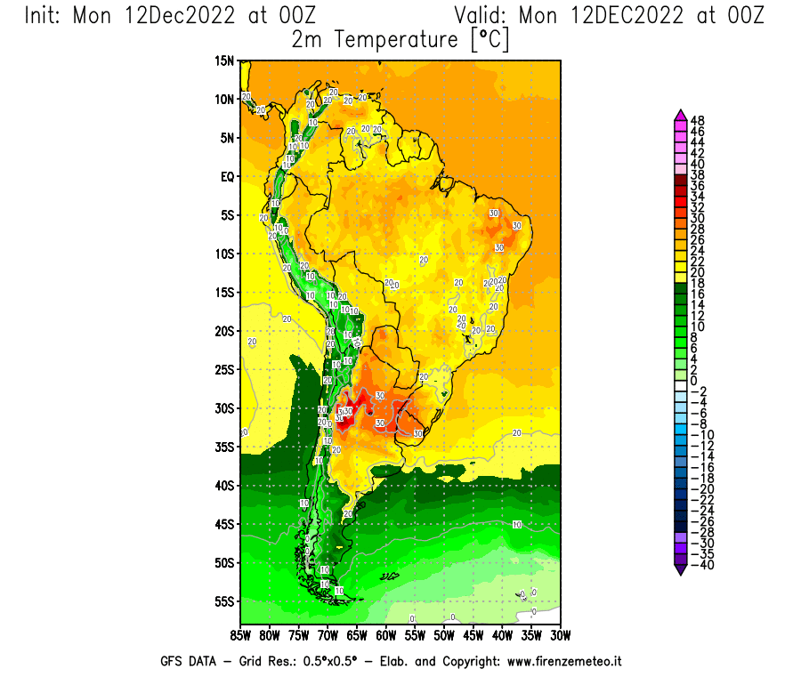 Mappa di analisi GFS - Temperatura a 2 metri dal suolo [°C] in Sud-America
							del 12/12/2022 00 <!--googleoff: index-->UTC<!--googleon: index-->