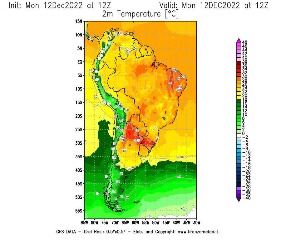 Mappa di analisi GFS - Temperatura a 2 metri dal suolo [°C] in Sud-America
							del 12/12/2022 12 <!--googleoff: index-->UTC<!--googleon: index-->