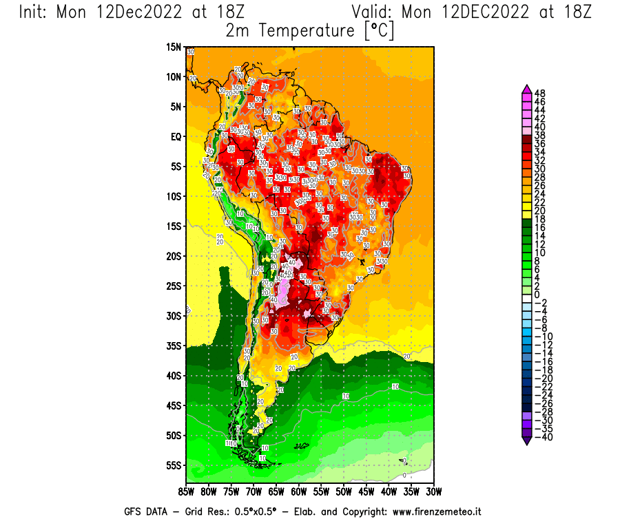 Mappa di analisi GFS - Temperatura a 2 metri dal suolo [°C] in Sud-America
							del 12/12/2022 18 <!--googleoff: index-->UTC<!--googleon: index-->