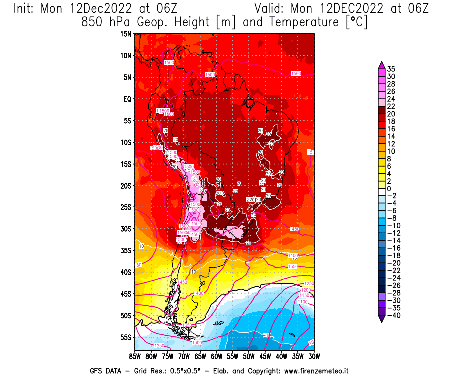 Mappa di analisi GFS - Geopotenziale [m] e Temperatura [°C] a 850 hPa in Sud-America
							del 12/12/2022 06 <!--googleoff: index-->UTC<!--googleon: index-->