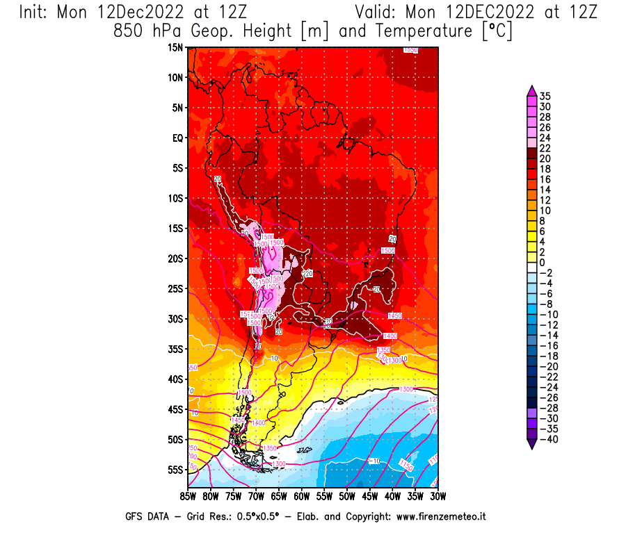 Mappa di analisi GFS - Geopotenziale [m] e Temperatura [°C] a 850 hPa in Sud-America
							del 12/12/2022 12 <!--googleoff: index-->UTC<!--googleon: index-->