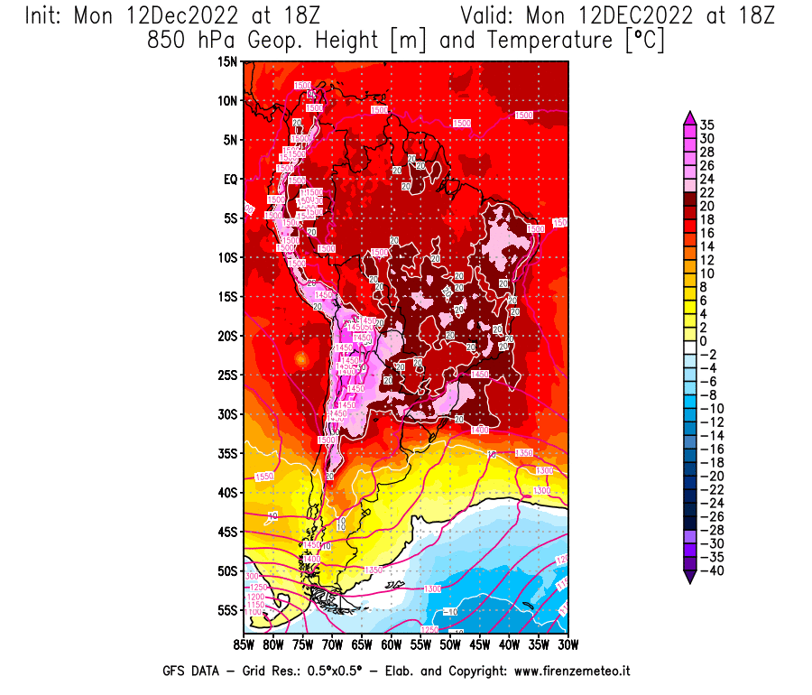 Mappa di analisi GFS - Geopotenziale [m] e Temperatura [°C] a 850 hPa in Sud-America
							del 12/12/2022 18 <!--googleoff: index-->UTC<!--googleon: index-->