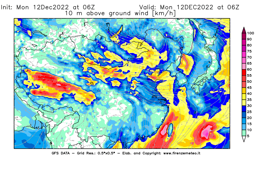 Mappa di analisi GFS - Velocità del vento a 10 metri dal suolo [km/h] in Asia Orientale
							del 12/12/2022 06 <!--googleoff: index-->UTC<!--googleon: index-->