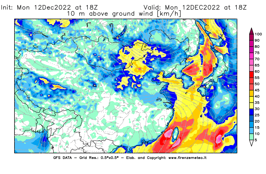 Mappa di analisi GFS - Velocità del vento a 10 metri dal suolo [km/h] in Asia Orientale
							del 12/12/2022 18 <!--googleoff: index-->UTC<!--googleon: index-->