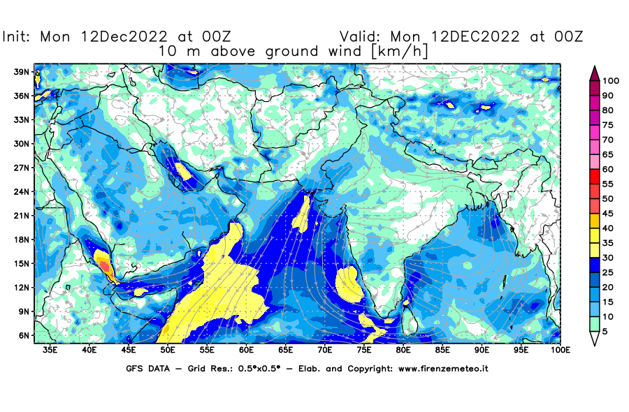 Mappa di analisi GFS - Velocità del vento a 10 metri dal suolo [km/h] in Asia Sud-Occidentale
							del 12/12/2022 00 <!--googleoff: index-->UTC<!--googleon: index-->