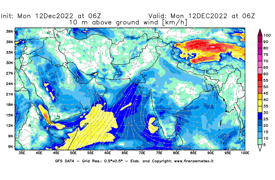 Mappa di analisi GFS - Velocità del vento a 10 metri dal suolo [km/h] in Asia Sud-Occidentale
							del 12/12/2022 06 <!--googleoff: index-->UTC<!--googleon: index-->