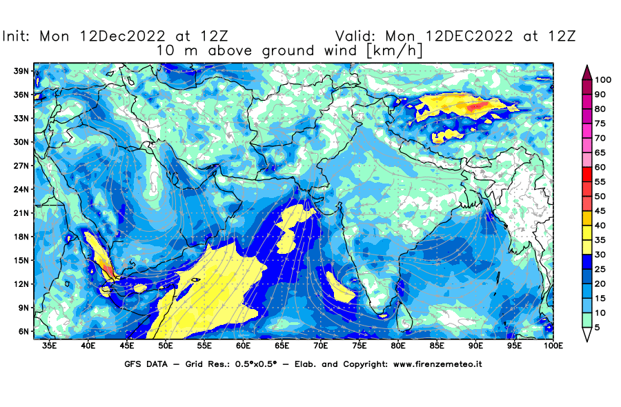Mappa di analisi GFS - Velocità del vento a 10 metri dal suolo [km/h] in Asia Sud-Occidentale
							del 12/12/2022 12 <!--googleoff: index-->UTC<!--googleon: index-->
