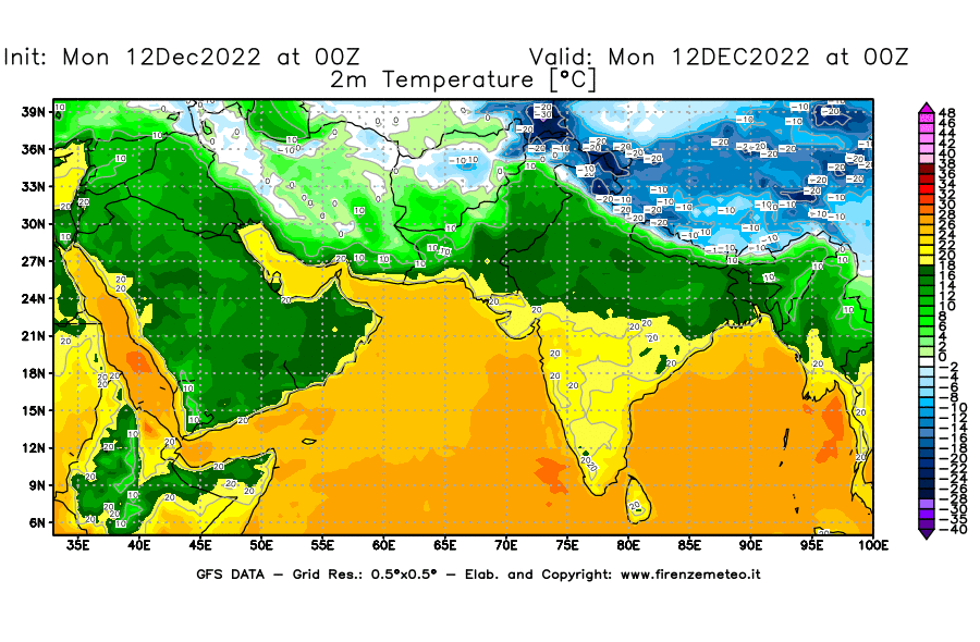 Mappa di analisi GFS - Temperatura a 2 metri dal suolo [°C] in Asia Sud-Occidentale
							del 12/12/2022 00 <!--googleoff: index-->UTC<!--googleon: index-->