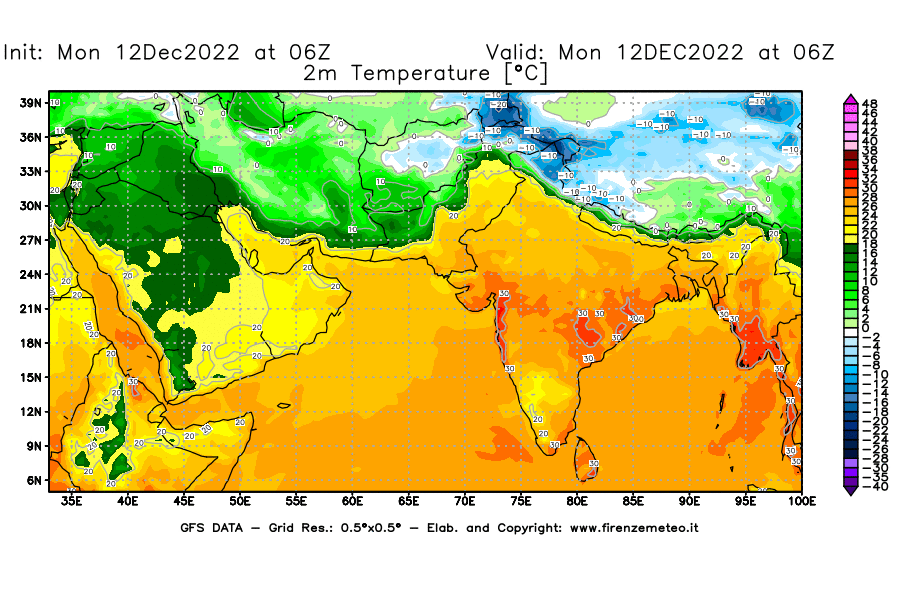 Mappa di analisi GFS - Temperatura a 2 metri dal suolo [°C] in Asia Sud-Occidentale
							del 12/12/2022 06 <!--googleoff: index-->UTC<!--googleon: index-->
