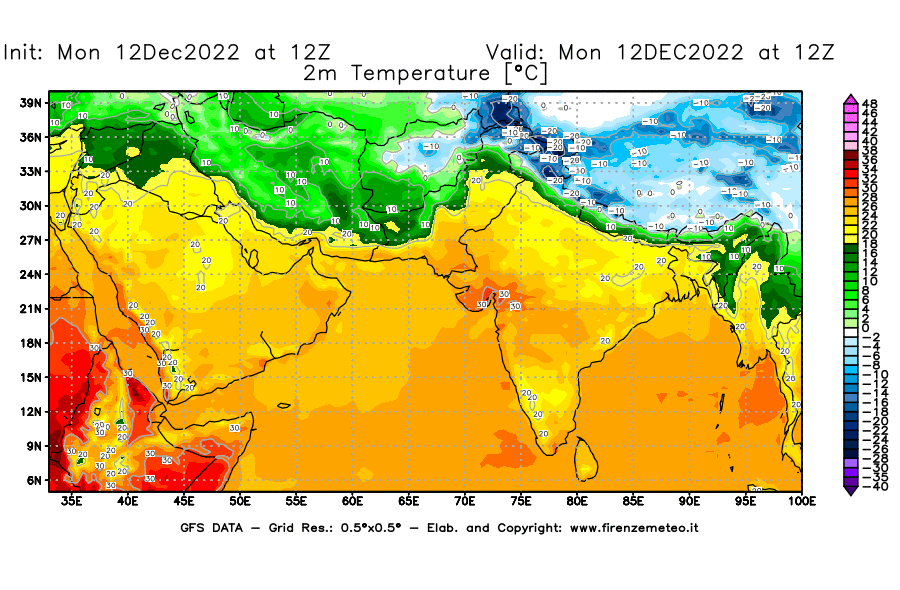 Mappa di analisi GFS - Temperatura a 2 metri dal suolo [°C] in Asia Sud-Occidentale
							del 12/12/2022 12 <!--googleoff: index-->UTC<!--googleon: index-->