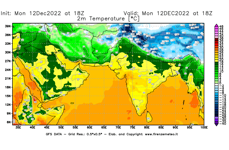 Mappa di analisi GFS - Temperatura a 2 metri dal suolo [°C] in Asia Sud-Occidentale
							del 12/12/2022 18 <!--googleoff: index-->UTC<!--googleon: index-->