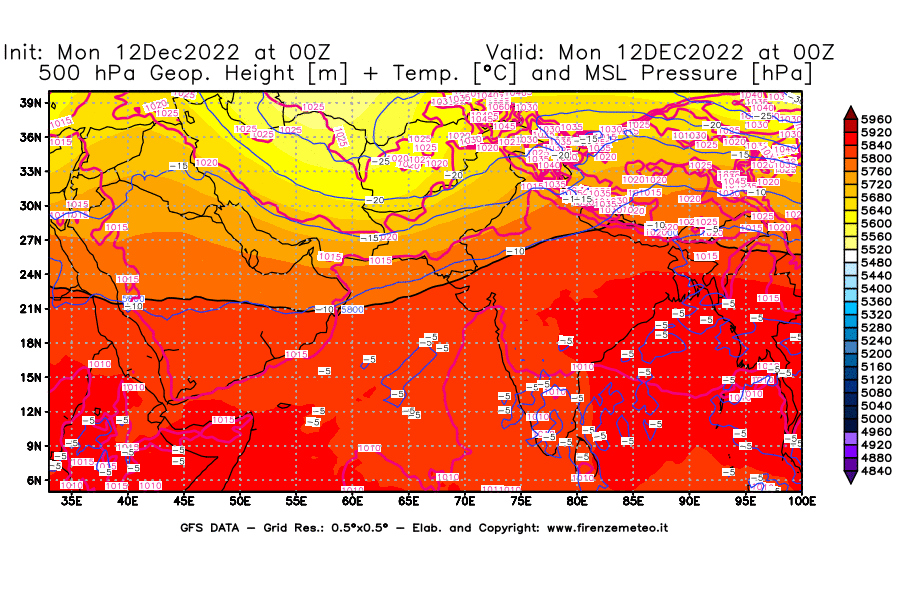 Mappa di analisi GFS - Geopotenziale [m] + Temp. [°C] a 500 hPa + Press. a livello del mare [hPa] in Asia Sud-Occidentale
							del 12/12/2022 00 <!--googleoff: index-->UTC<!--googleon: index-->