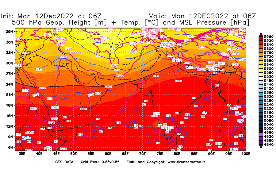 Mappa di analisi GFS - Geopotenziale [m] + Temp. [°C] a 500 hPa + Press. a livello del mare [hPa] in Asia Sud-Occidentale
							del 12/12/2022 06 <!--googleoff: index-->UTC<!--googleon: index-->