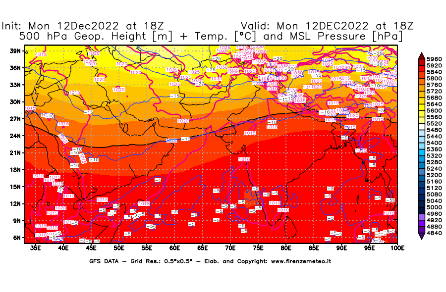 Mappa di analisi GFS - Geopotenziale [m] + Temp. [°C] a 500 hPa + Press. a livello del mare [hPa] in Asia Sud-Occidentale
							del 12/12/2022 18 <!--googleoff: index-->UTC<!--googleon: index-->